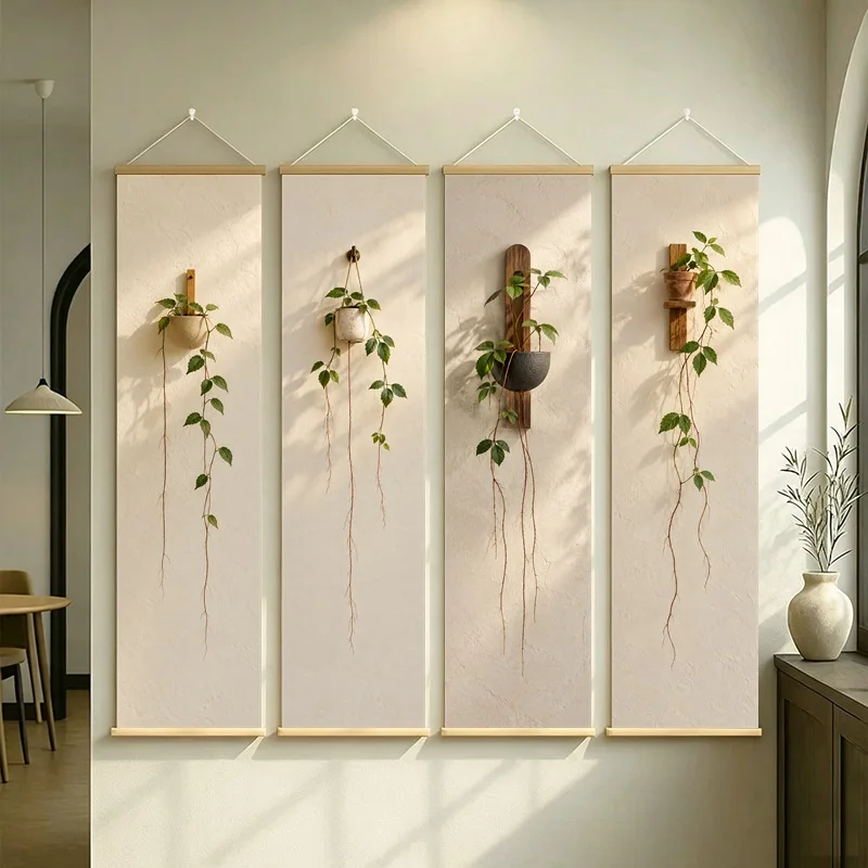 Hanging Plant Wall Art 4-Panel Sparse Green Vine Pot Scroll Set on Beige Silver Shimmer Canvas for Minimalist Office Decor