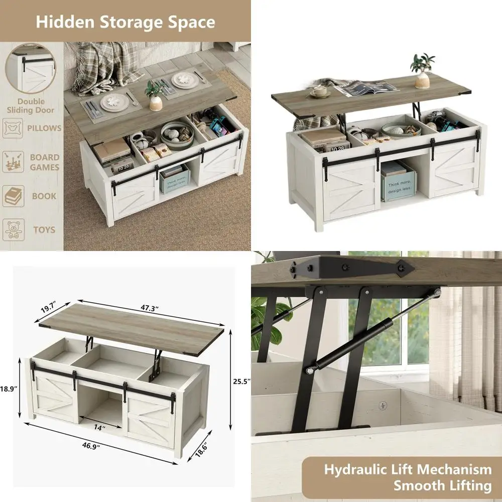 

Modern White Rectangular Lift Top Coffee Table with Sliding Barn Doors and Grey Top for Farmhouse Living Room Storage