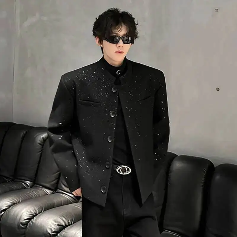 New Trendy Male Suit Jacket Shoulder Padded Woolen Stand Collar Short Blazer Single Breasted Autumn Male Jackets 9XYGHG