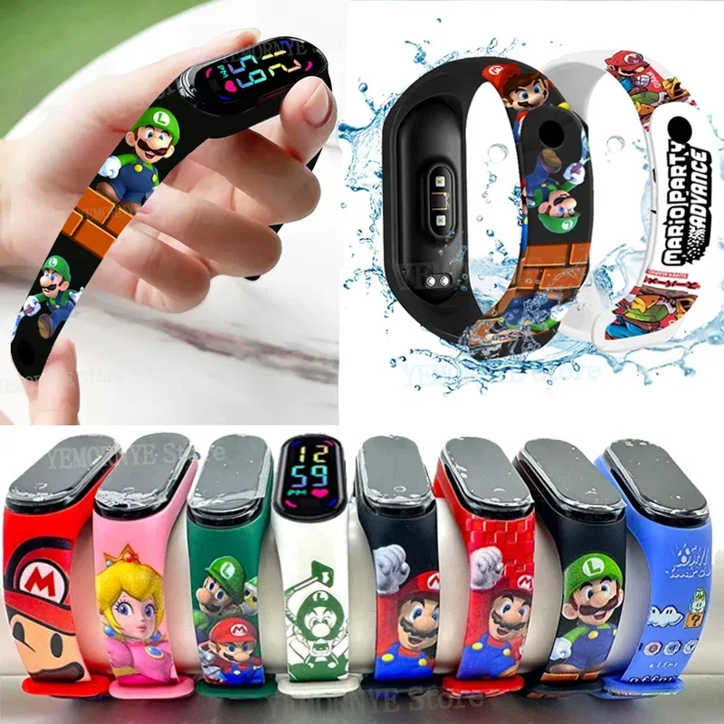 Mario bros relógios infantis figuras de ação luigi princesa pêssego yoshi bowser crianças esporte pulseira à prova dwaterproof água relógio digital brinquedo