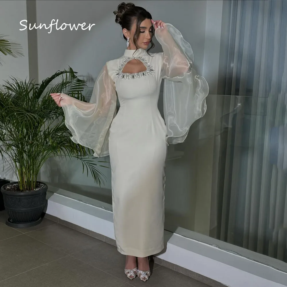 Sunflower High Neck Beading Cut-out Crepe Mermaid Prom dress 2024 Slim Organza Long Sleeve Ankle-Length Formal Evening Dress