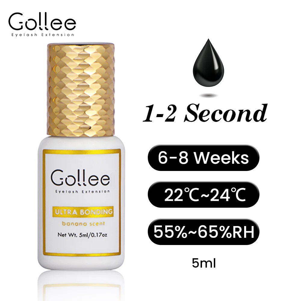 Gollee Wimpernverlängerungskleber mit Bananenduft, professioneller Wimpernkleber, 1-2 Sekunden Trocknungszeit, starker Kleber, hält 4-6 Wochen, Wimpernzubehör