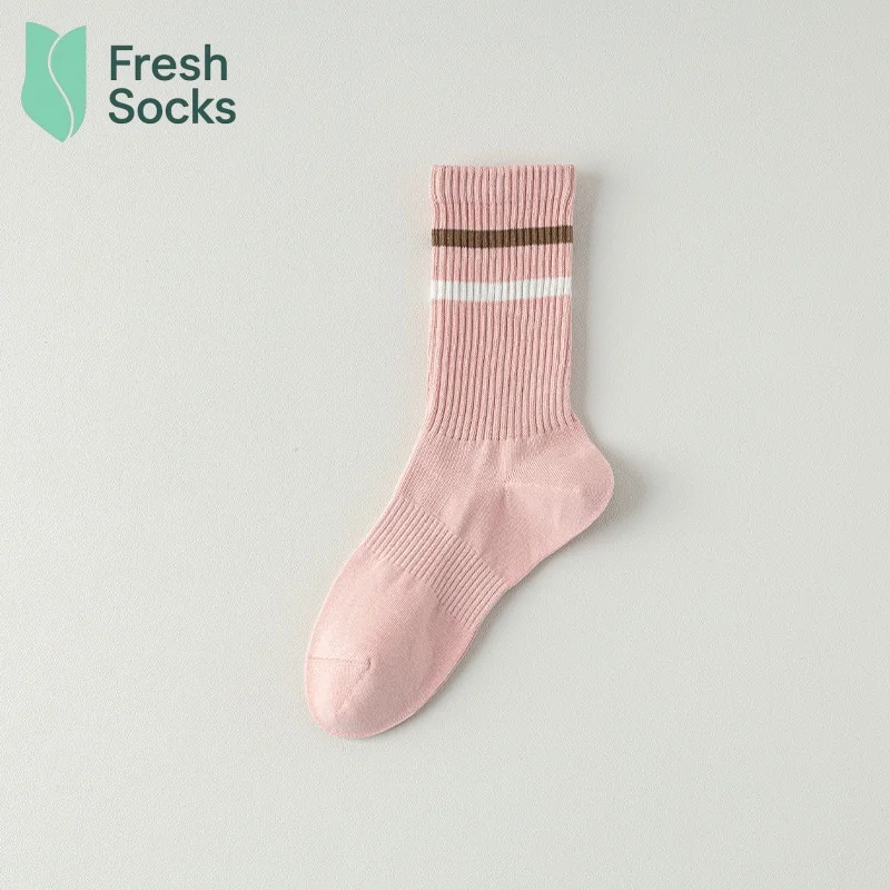 5Pair Woman Crew Toe Winter Socks Mid Tube Striped Comfortable Cotton Stockings Autumn Sweat Absorbing High-Quality Socks Sports