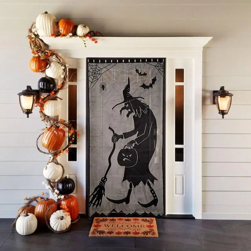 Cortina de puerta de encaje con diseño de bruja aterradora para Halloween, suministros de fiesta de Halloween escalofriante, decoraciones de ventana, 102x210cm