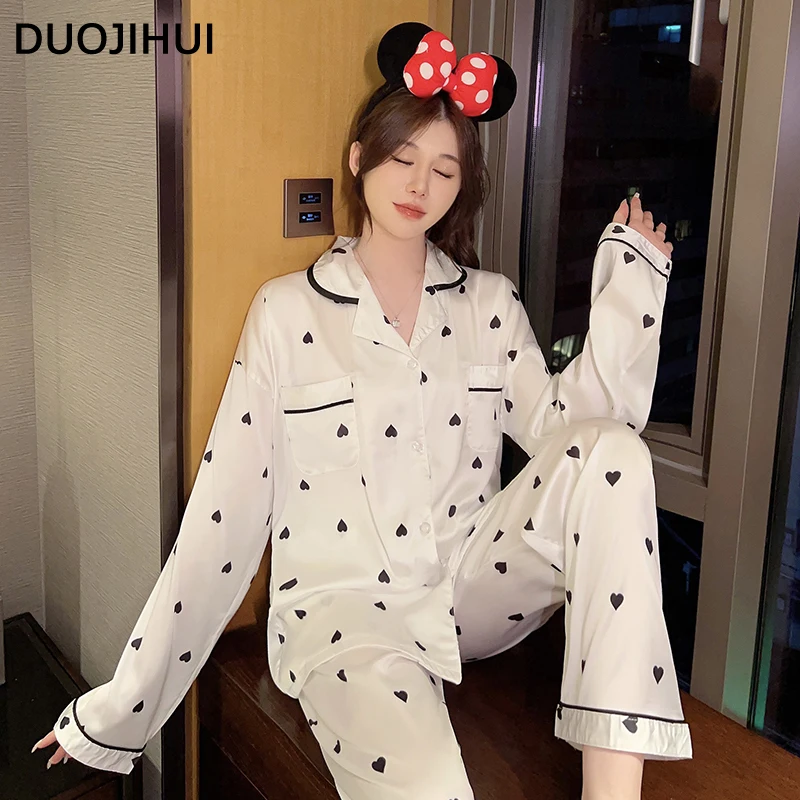 Duojihui Chic Bedrukte Mode Pocket Dames Nachtkleding Set Basis Zoete Vest Eenvoudige Broek Losse Casual Thuis Pyjama Voor Dames