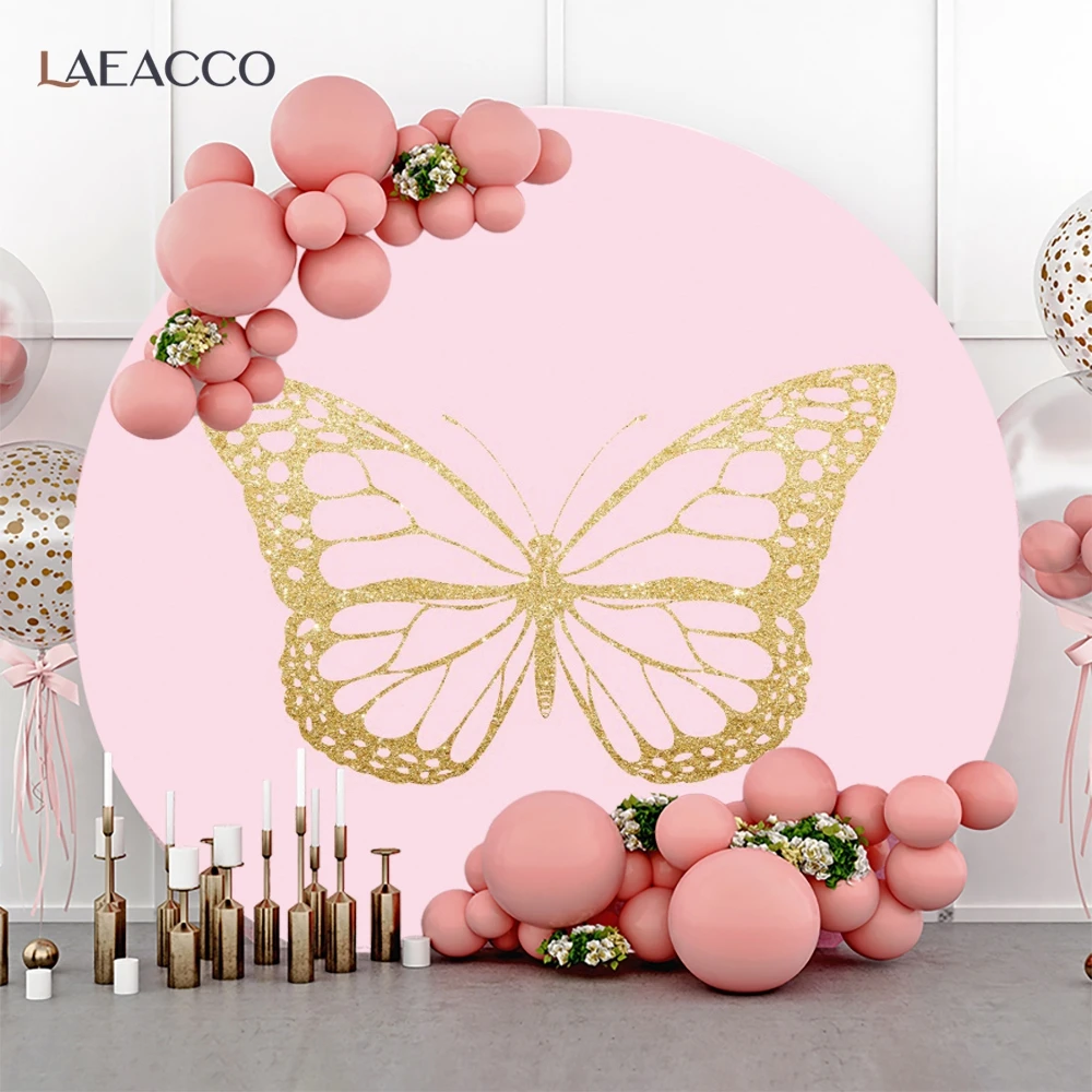 Butterfly Flowers Round Background for Photography Girls Birthday Party Pink Flowers Decoration Cake Smash Circle Cover Backdrop