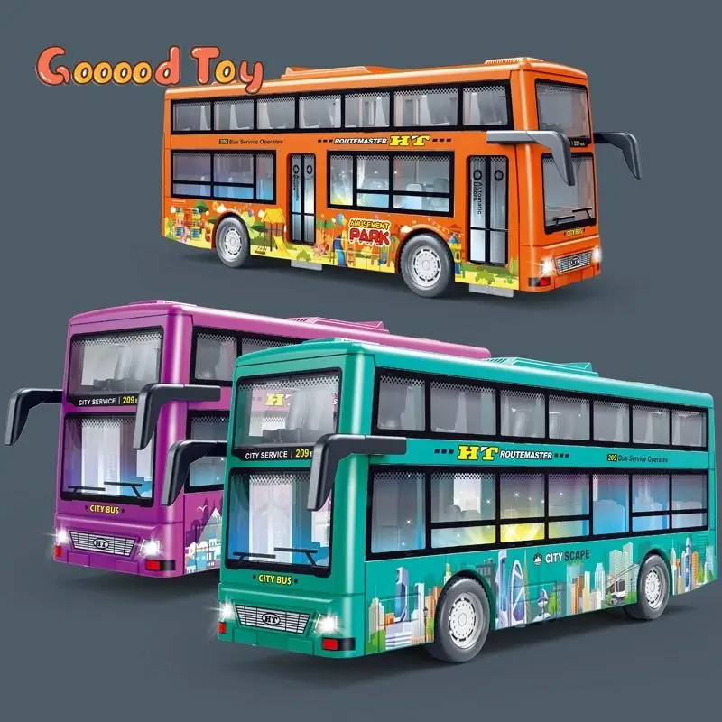 Simulation Double-Decker Sightseeing Bus Toys with Lights Music Children's City Bus Openable Doors Inertial Toy Kids Vehicle Car