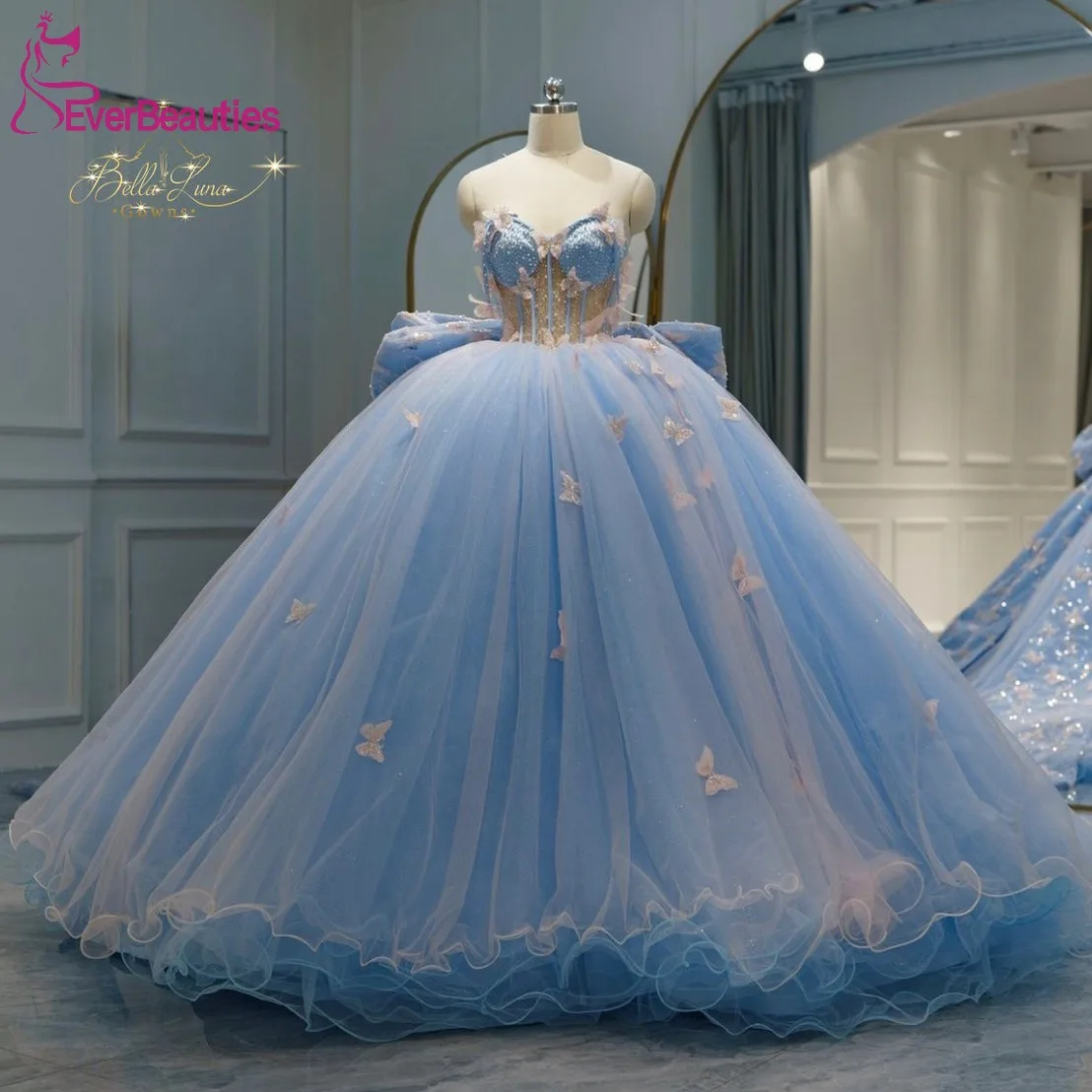 Quinceanera Dress for Juniors Light Blue Ball Gown Prom Party Dress Tulle Lace Appliques Off Shoulder Vestidos De 15 Quinceañera