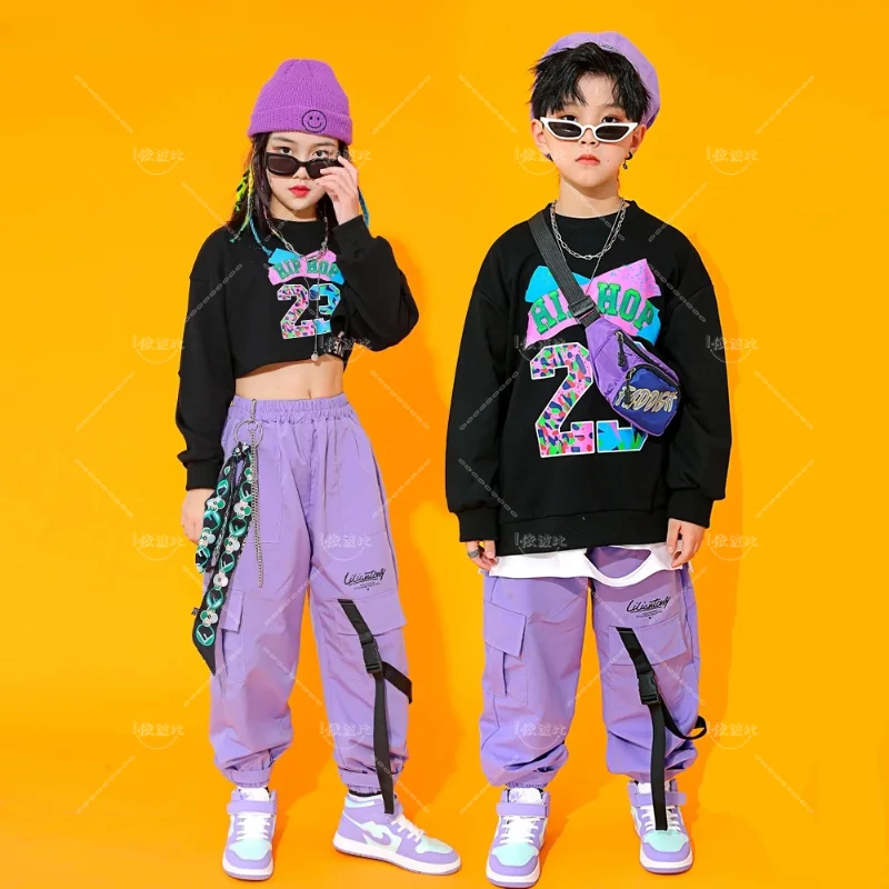 

Boy Hip Hop Sweatshirt Solid Color Cargo Pants Girl Crop Top Street Dance Clothes Set Kids Streetwear Outfit Child Jazz Costumes