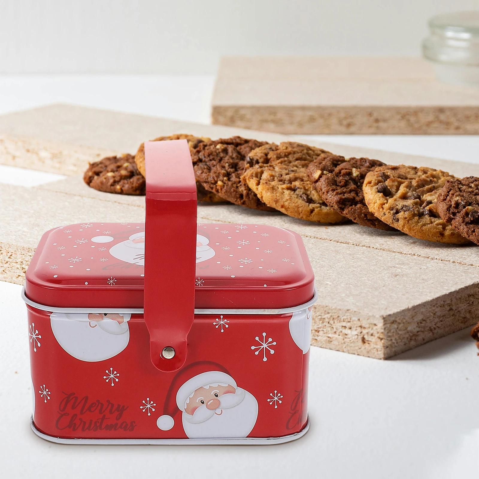 

1pcs Christmas Tin Box With Handle Festive Storage Container Reusable Candy Jars Cookie Tins Baking Treats Holiday Party Favors