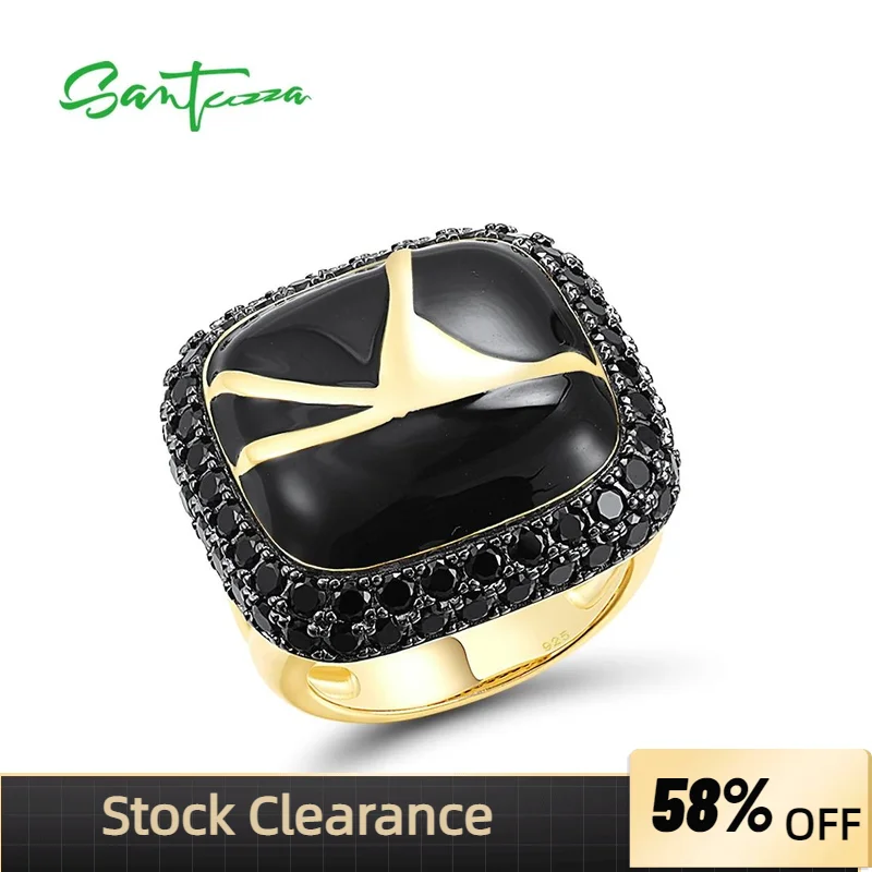 SANTUZZA Genuine 925 Sterling Silver Rings Gold Color For Women Black Spinel Edgy Handmade Enamel Ring  Unique Fine Jewelry