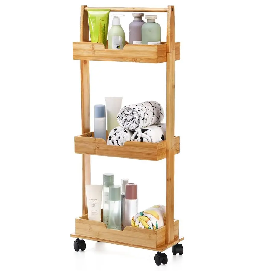 

3 Tire Shower Caddy Stand, Bamboo Shower Floor Organizer Corner with Sliding Wheels, Bathroom Caddy Shelf Rack for Bathtub, Offi