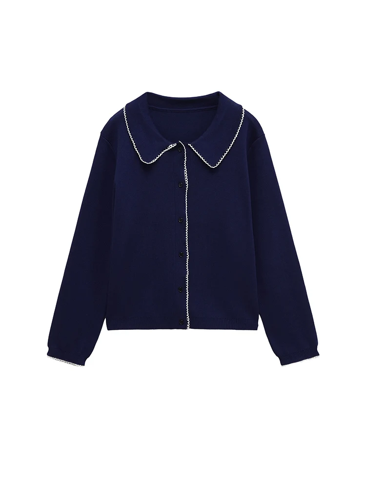 

European and American style autumn new fashion women's clothing contrast color button small round neck long sleeve knitted jacke