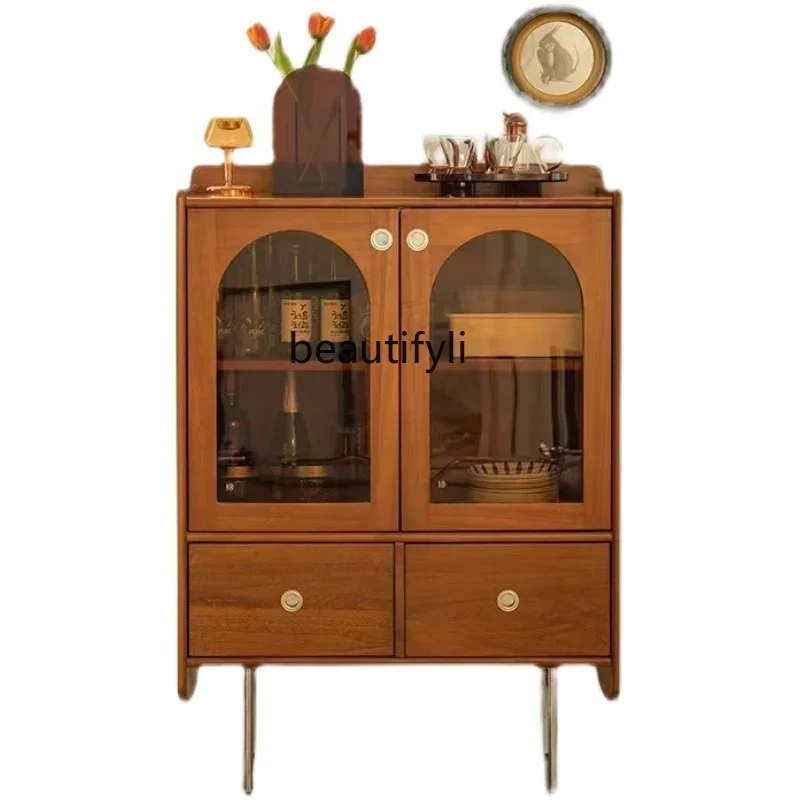 

solid wood glass dining side cabinet, living room stainless steel double door locker, Chinese art, cabinet customization