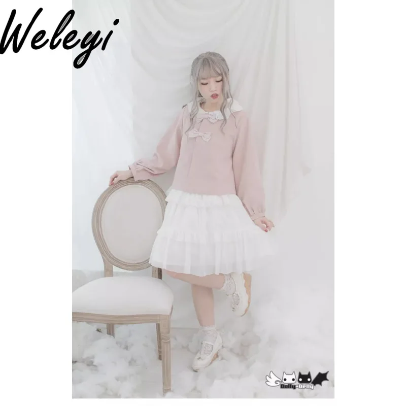 Kawaii Lolita Lantern Sleeve Bow Cardigan Short Tops Women's Autumn Fashion Versatile New Solid Color Pile Neck Straight Jacket