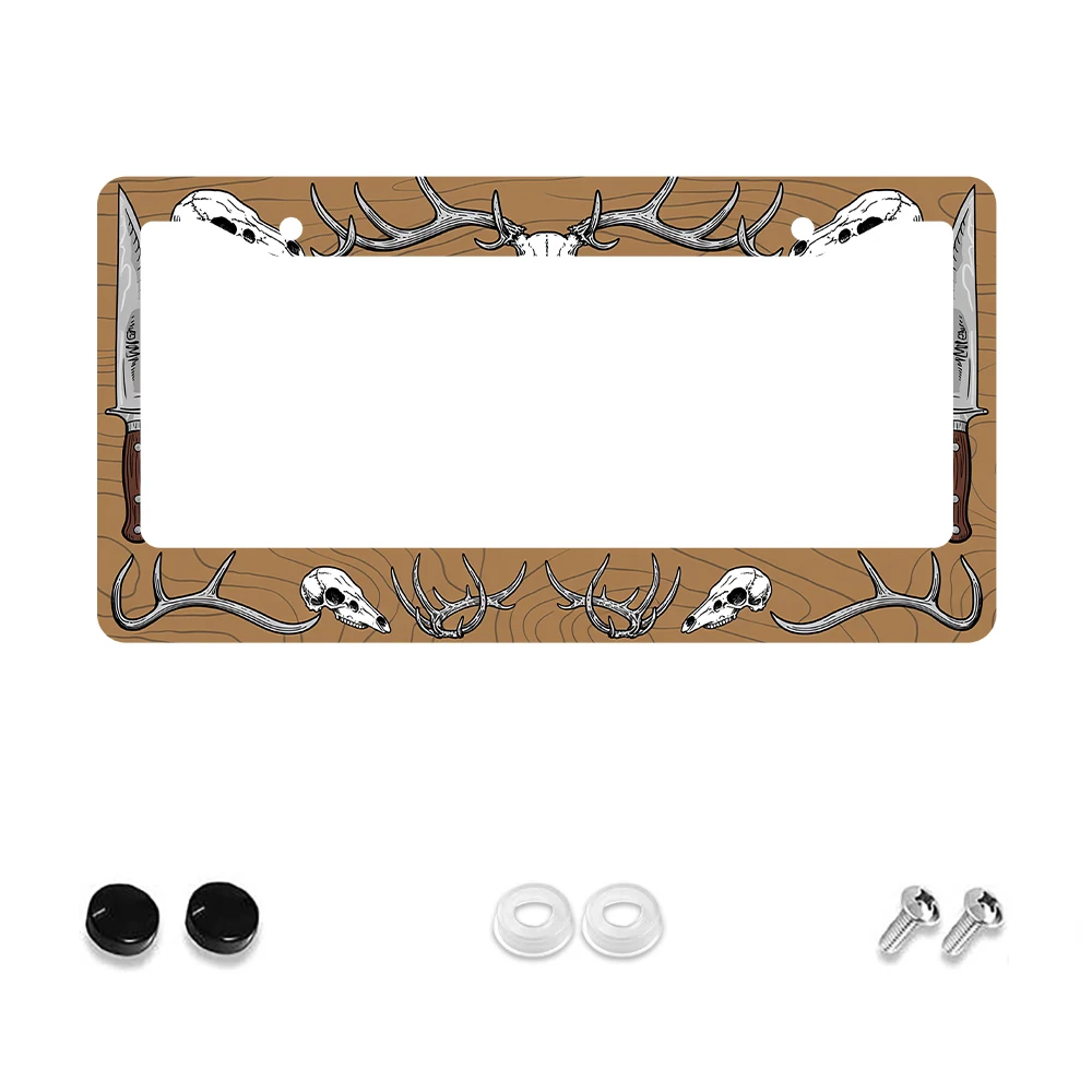 

1 шт. коричневая рамка номерного знака с 2 отверстиями и рисунком рога и черепа, алюминиевый материал, 6x12 дюймов, включает комплект винтов