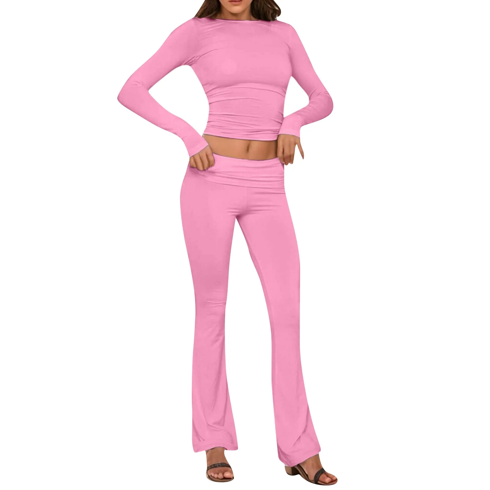 Women's Yoga Sets Crew Neck Long Sleeve Crop Tee and Low Rise Flare Pants Tracksuit Slim Fit Two Piece Outfits