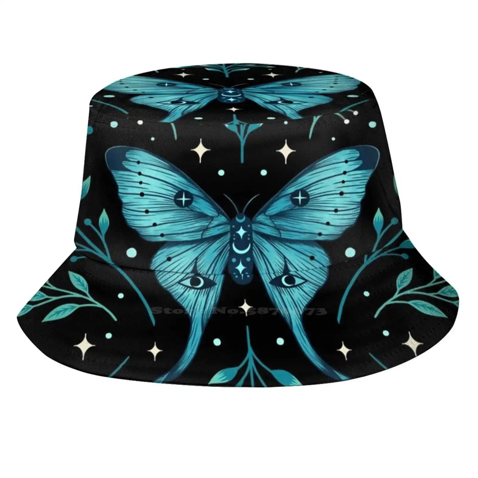 Mystical Moon Moth - Turquoise Outdoor Sun Fishing Panama Hats Luna Moth Magical Wicca Dark Blue Botanical Botany Boho Bohemian