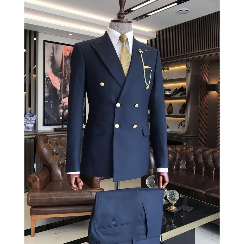 

Customized Navy Blue Double Breasted Slim Men Suit Two Pieces(Jacket+Pants) Outfits Banquest Wedding Clubbing Party Prom Suits