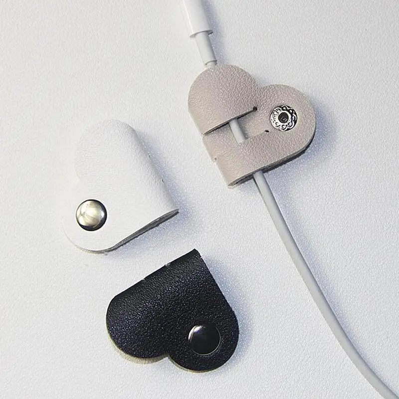 Leather Cable Straps With Snap PU Leather Cable Ties Heart-shape Cable Organizers Cable Management Cable Ties Earbud Holder