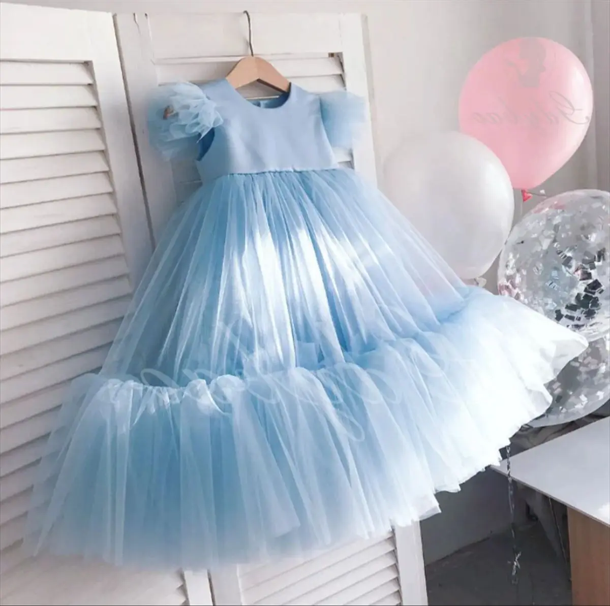 Toddler Girl Flower Birthday Tulle Dress Backless Bow Wedding Gown Kids Party Wear Princess Blue Dress Baby Girl Bowknot Dresses