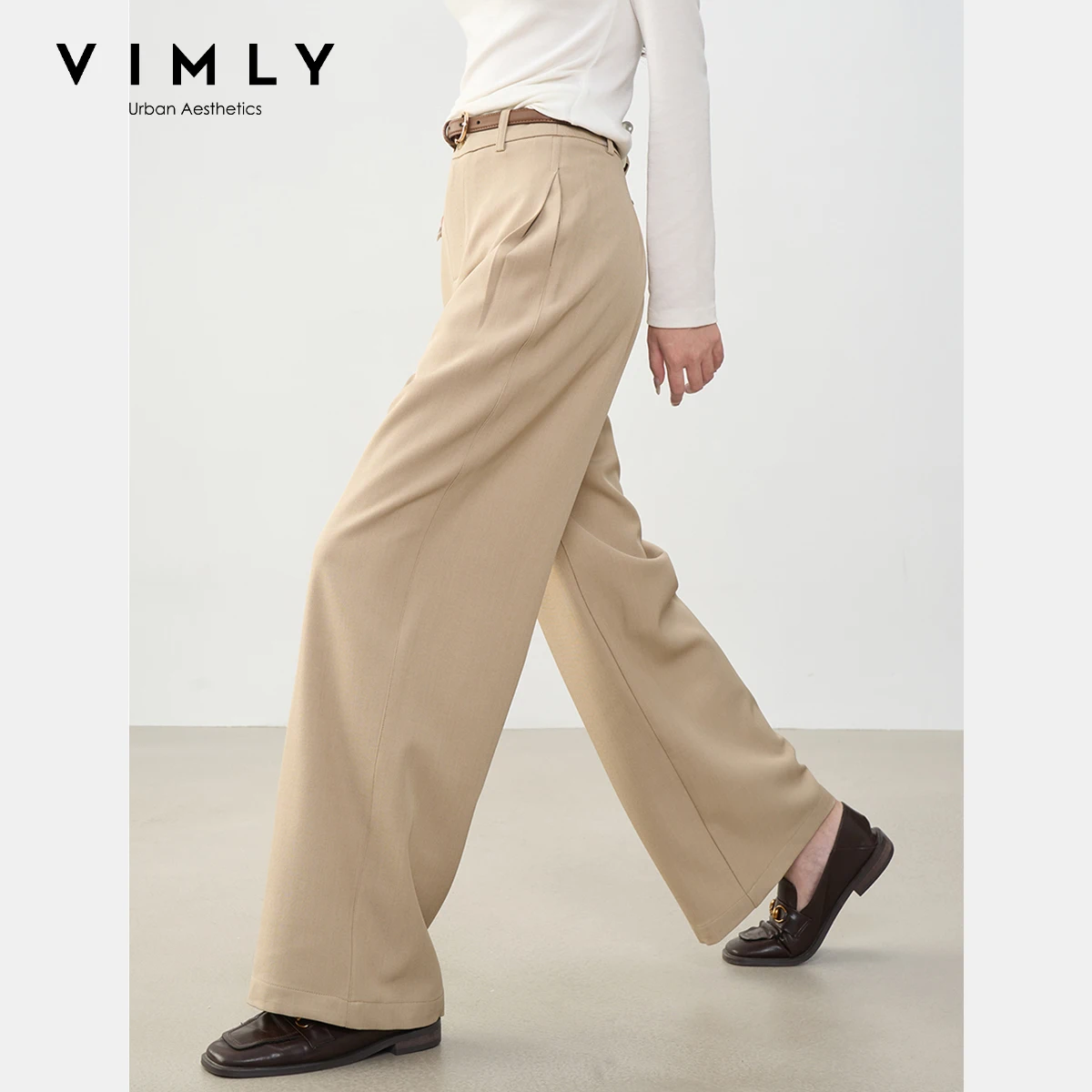 Vimly cáqui calças plissadas outono 2025 mulheres casuais calças de perna larga meados de cintura botões soltos femmes calças roupas femininas a2177