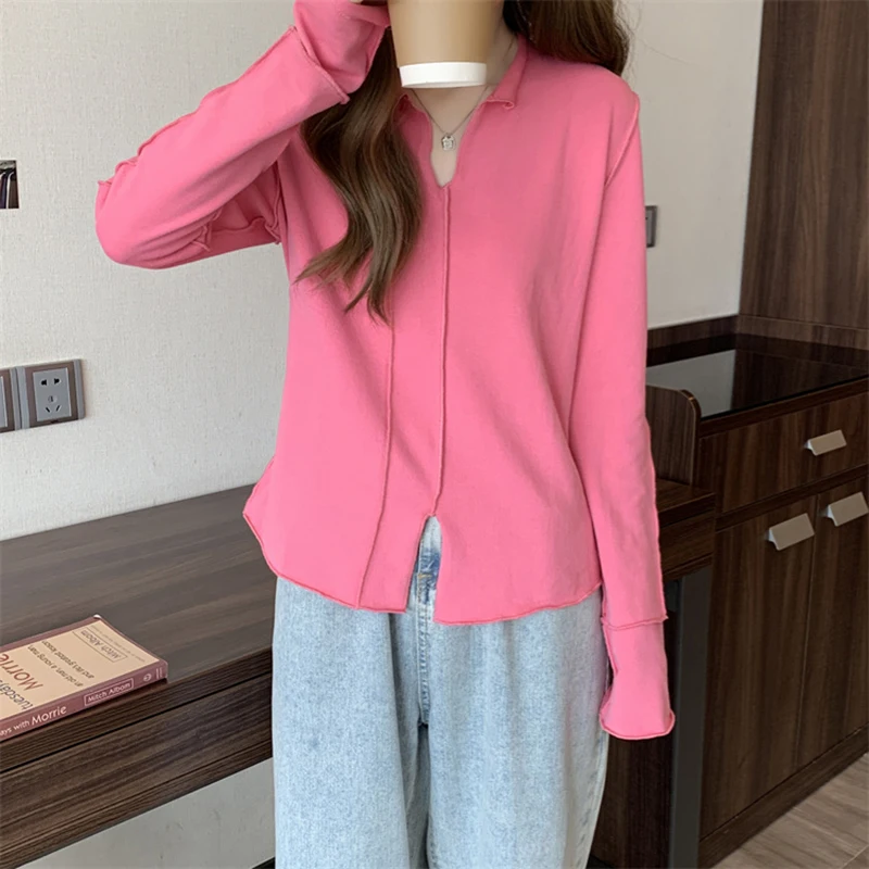 Bright Line Decoration Slim Tunic Fall Spring Long Sleeve V Neck Women T Shirts Fashion Harajuku Oversized Clothes Euro Size New