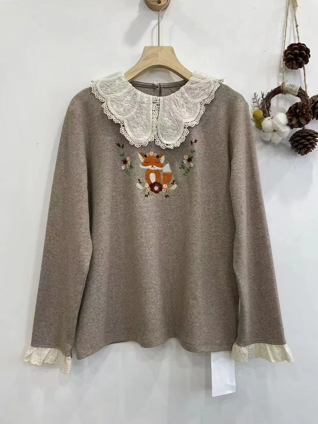 2025 Mori kei Japanese fashion lace crochet collar cartoon embroidery t shirt women pullover cotton long sleeve basic tops