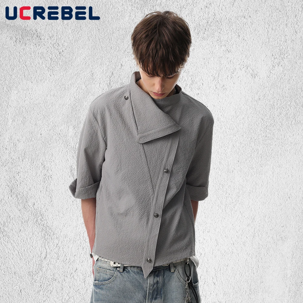 

Asymmetrical Spliced Short Sleeve Shirts Mens Solid Color Summer Retro High Street Loose Half-Sleeve Lapel Drawstring Shirts Man