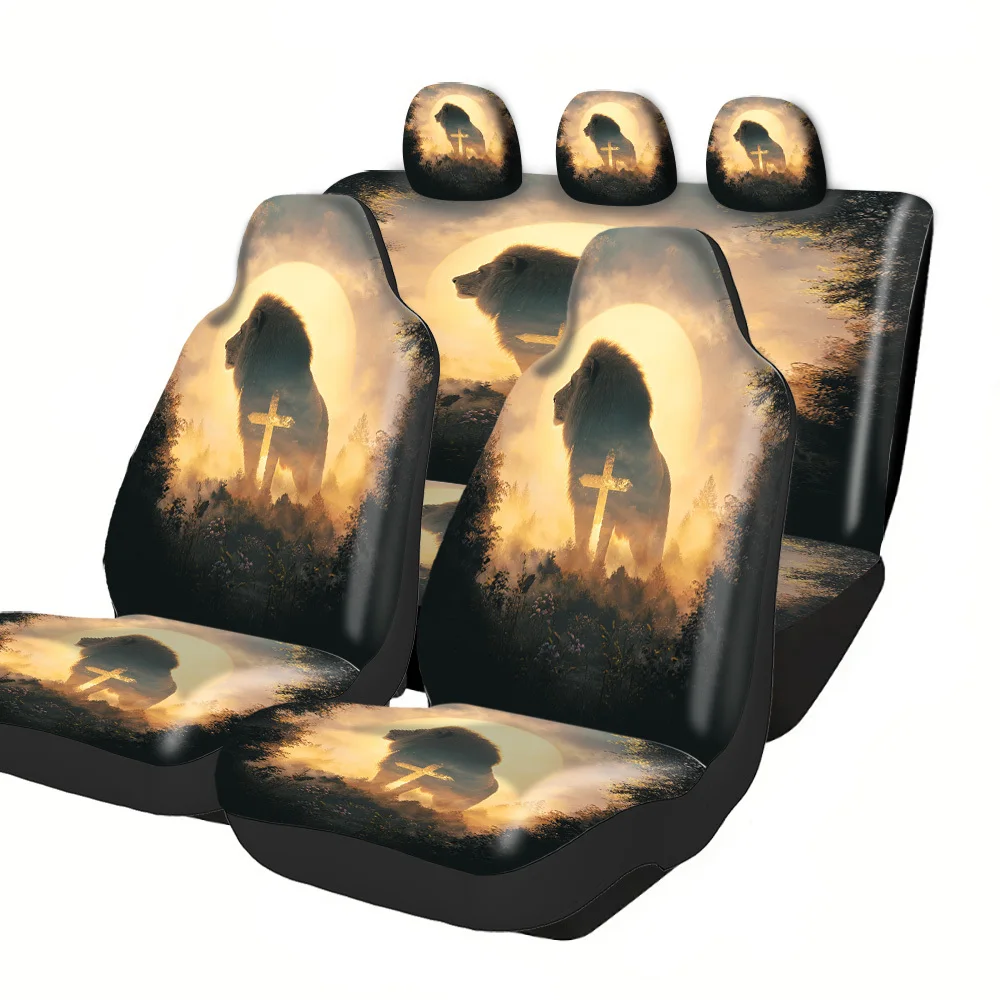 

Комплект чехлов для автомобильных сидений на 2-5 мест - черный принт с изображением боевых лошадей, полиэстер, легко устанавливаются и можно стирать, нескользящие и впитывающие, универсальные.