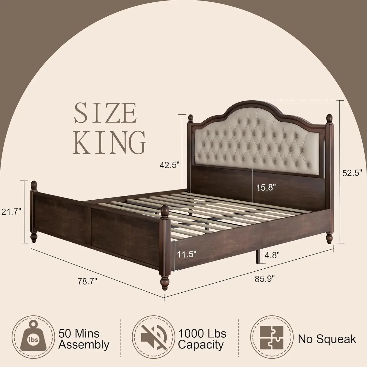 King Size Solid Wood Bed Frame,Transitional Platform Bed with 52.5