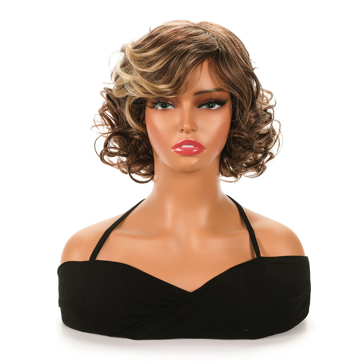 

European and American rose net short hair new women's side short curly hair fluffy fashion gold-brown mixed color pear flower cu