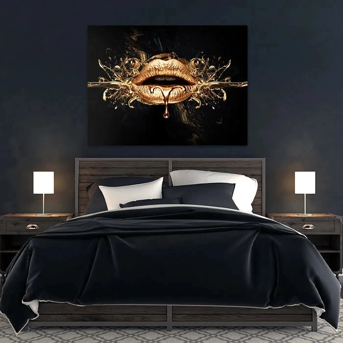 Black Gold Lips Canvas Art Painting with Frame Sexy Bullet Mouth Poster Prints Modern Abstract Wall Picture for Living Room