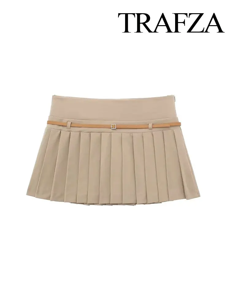 TRAFZA 2024 Summer Women\'s Retro Spliced ​​Leather Belt Skirt High Waist Chic Pleated Women\'s Zipper Mini Skirt Streetwear