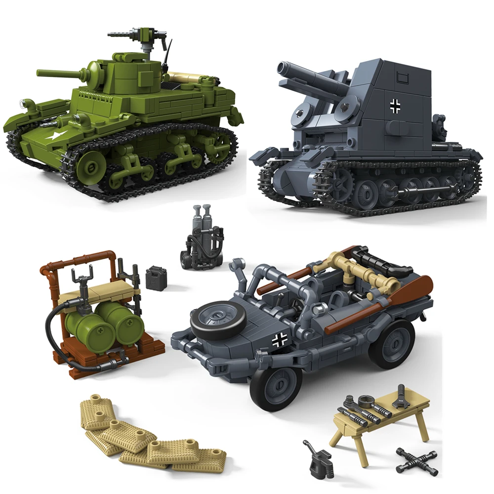 

World War 2 WW2 Army Military Soldiers M3A1 Tank Bison Series Self-Propelled Gun Model Building Blocks Bricks Toys For Children