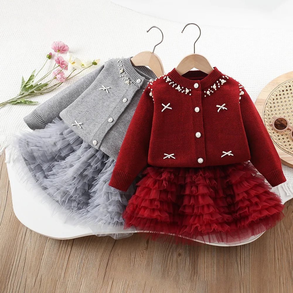 Kids Girls Bow Nail Bead Sweater Coats Knitted Cardigan 2026 Spring Autumn New Girls' Mesh Cake Half Skirts 2Pieces Set