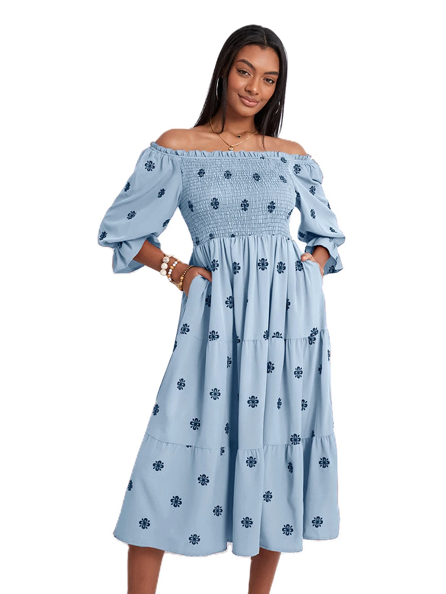 Dames Zomer Off-Shoulder Jurk Met Bloemenprint Lange Mouw Met Ruches En Rugloze Midi-Jurk