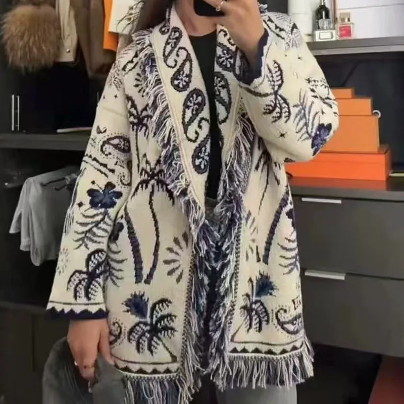 Women's Mid-Length Tied-Front Cardigan with Fringe, Jacquard Embroidery, and Tie Straps; High-Quality Wool-Blend Jacket, 2026,