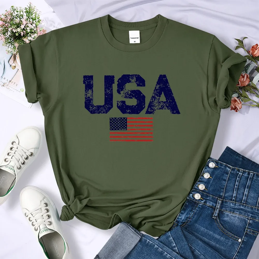 O-Neck Simples Retro Tops para Mulheres, Letras dos EUA, Bandeira Americana, Estrelas e Listras Imprime Roupas, Camisetas Soltas, Personalidade