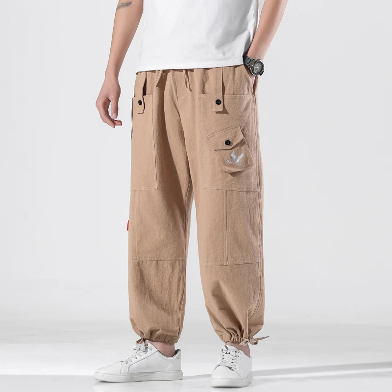 2023 Men Cotton Pants Spring Autumn Men Crane Embroidery Casual Sweatpants Hip Hop Multi-Pocket Harem Pants Trousers