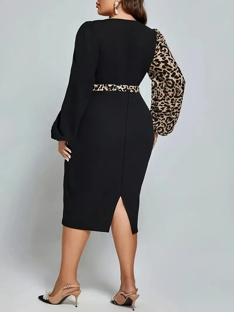 GIBSIE Plus Size Leopard Print Sexy Belted Dress Women New Autumn V-neck Lantern Sleeve Elegant Office Ladies Midi Bodycon Dress