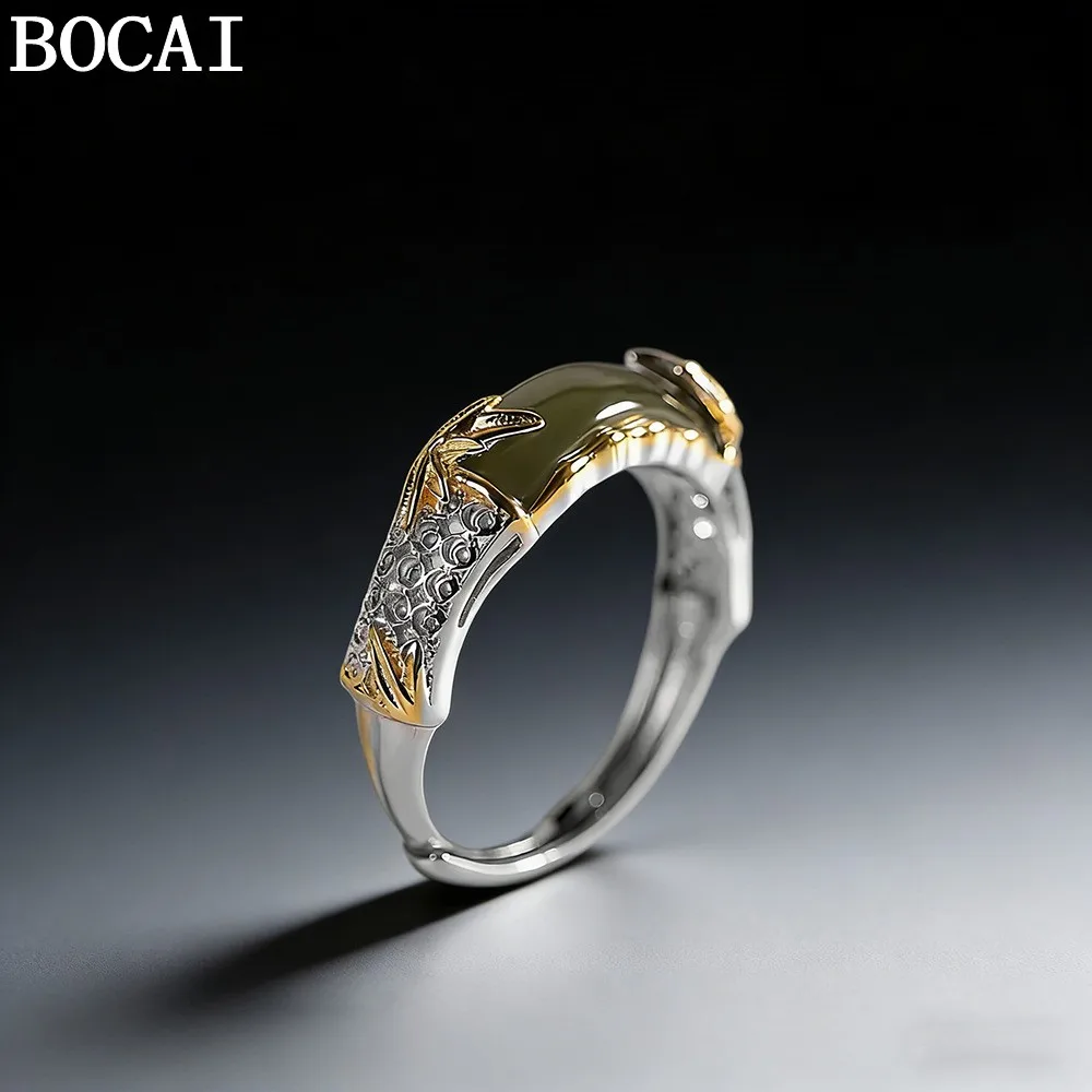 

Модное и роскошное кольцо BOCAI S925 из стерлингового серебра с инкрустацией из хотанского нефрита, в виде полых бамбуковых узлов, подарок для женщины.