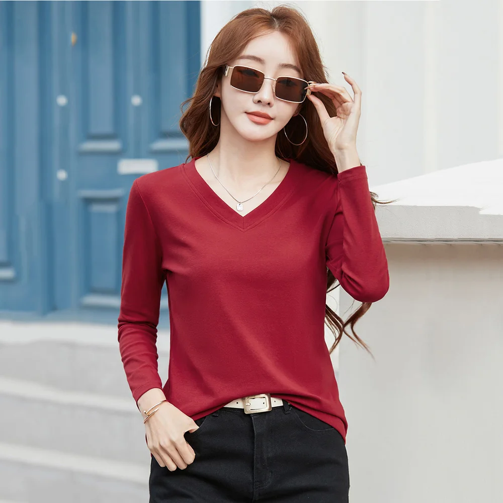 

New Women Spring Summer Cotton T-shirt Fashion V-Neck Long Sleeve Loose Tees Tops Simplicity Casual Basic Pullover T-shirt