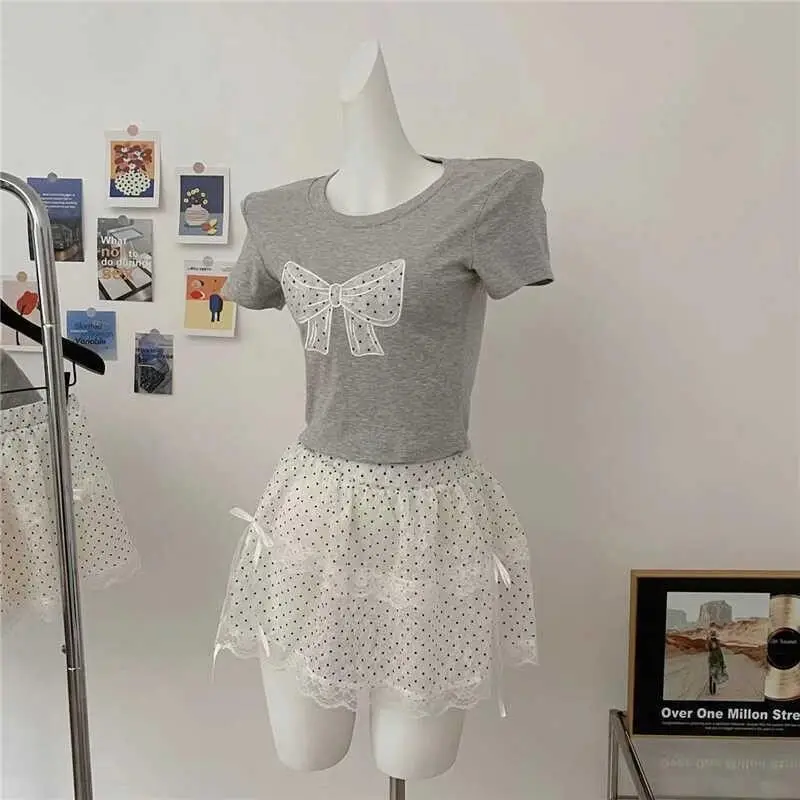 High Waist A-Line  Skirt Women's Ballet Style Polka Dot Lace Half-length  Knot Puffy Cake Skirt Summer Short Skirt