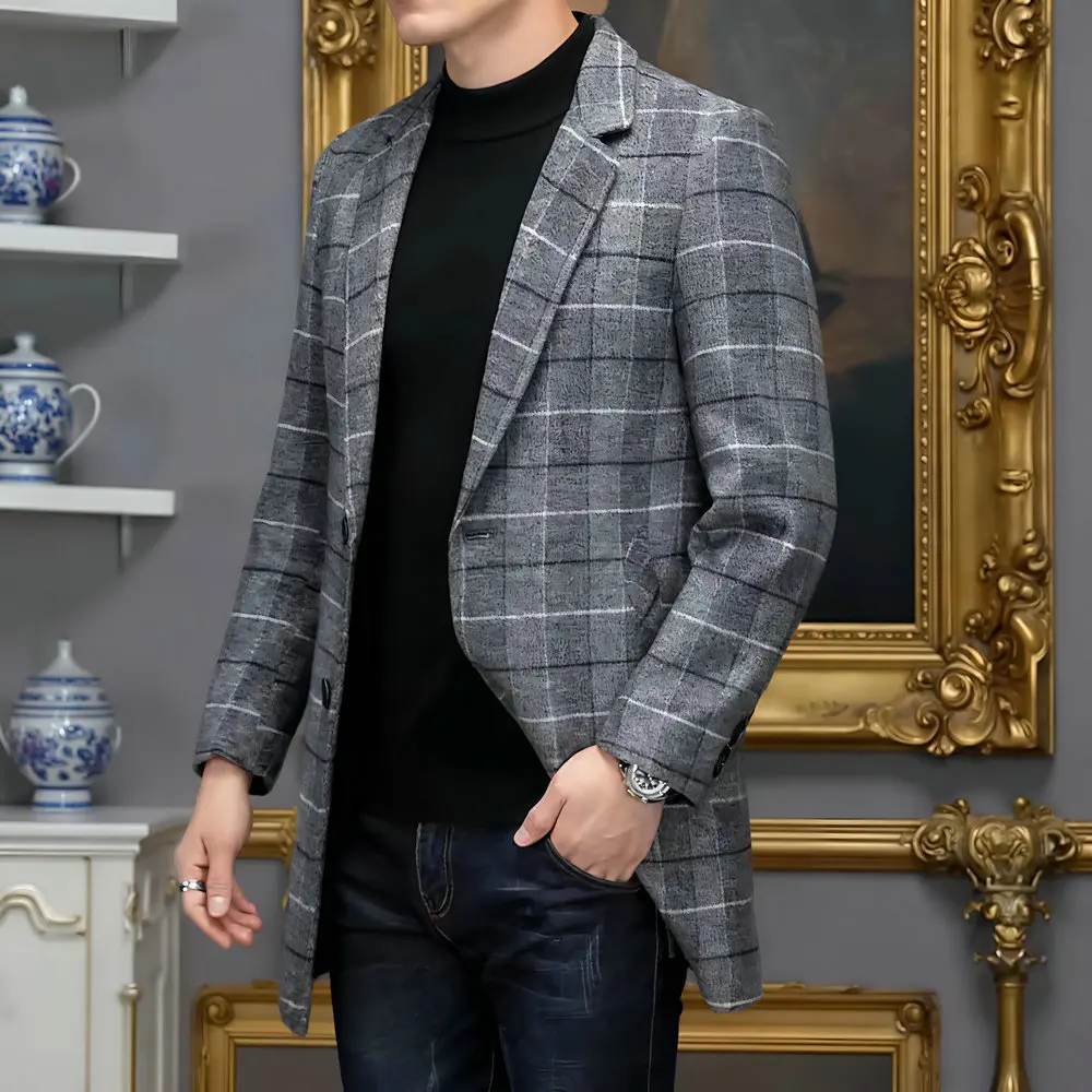 

Мужское шерстяное пальто в клетку Essential для мужчин, шерстяное пальто с клетчатым узором, зима-осень, элегантная повседневная одежда, элегантная мужская одежда