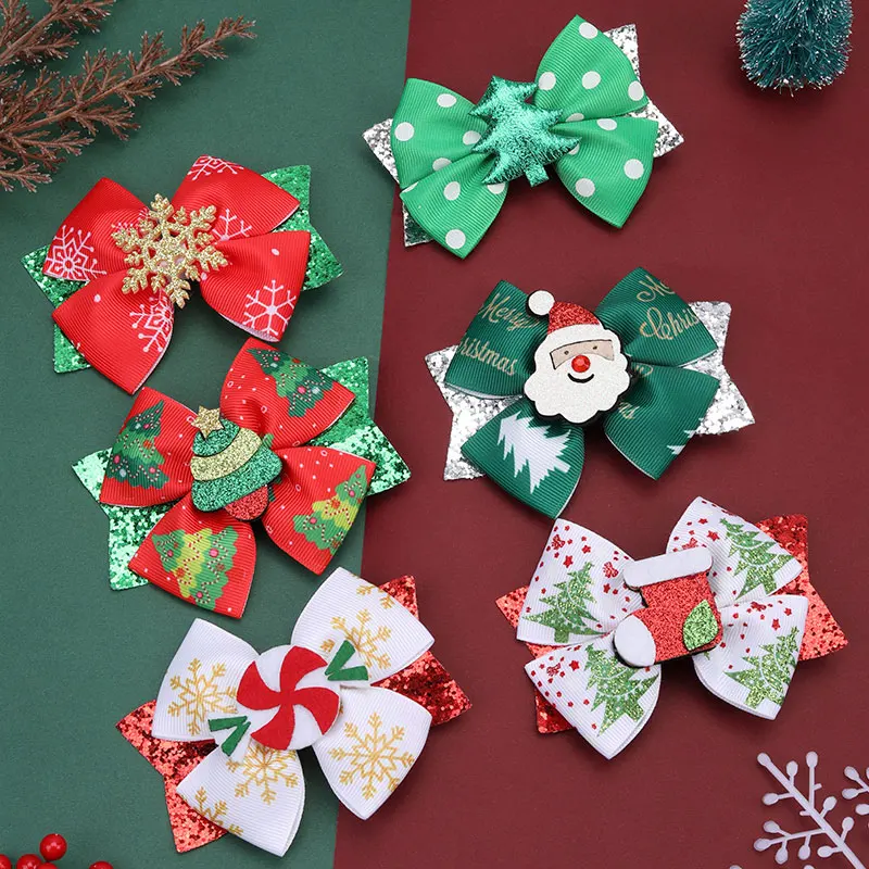 Christmas Hair Bows Clips Sparkly Santa Claus Xmas Socks Hairpins Headwear Christmas Tree Printing Ribbon Hair Clip For Girls