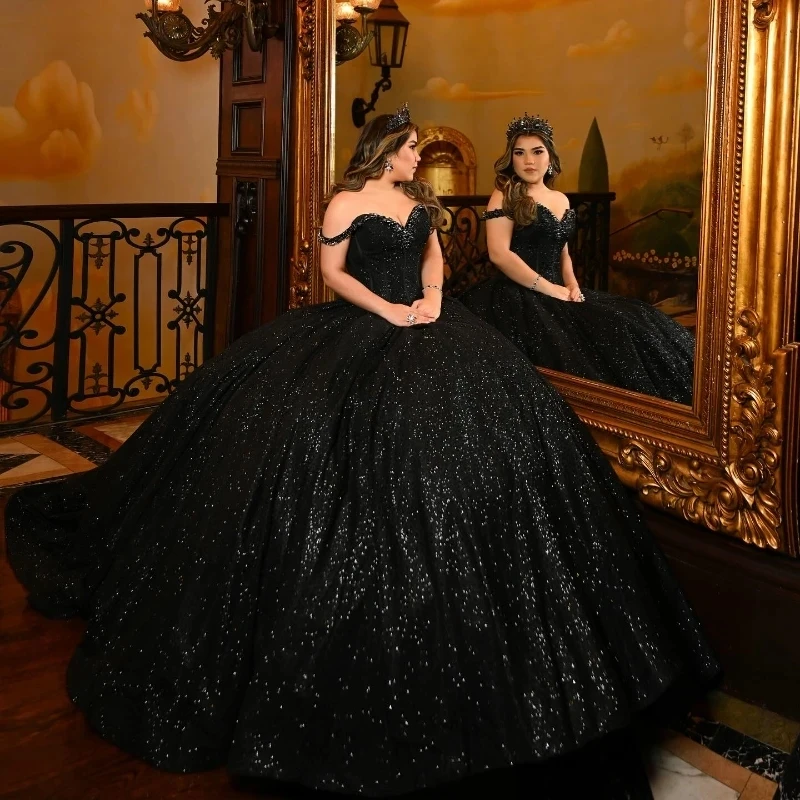 

Black Shiny Sweetheart Quinceanera Dresses Off Shoulder Sequined Beads Crystal Chapel Train Corset Prom vestido de debutante 15