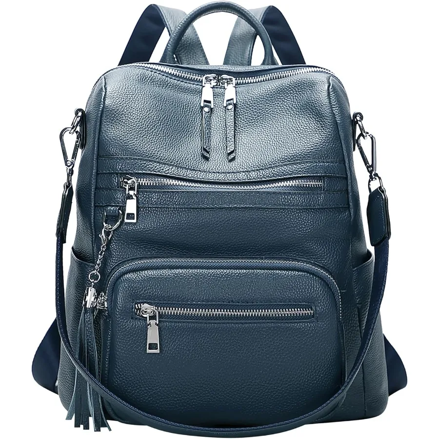 ALTOSY حقيبة ظهر من الجلد الطبيعي للنساء حقيبة كتف كبيرة مع حجرة كمبيوتر محمول جيوب متعددة S106 أزرق نيلي