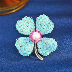 New Blue Turquoise Lucky Four-leaf Flower Brooch Female High-grade Exquisite Freshwater Pearl Pin Clothing Accessories Corsage
