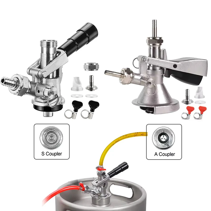 

S/A Keg Coupler With PRV Draft Beer Keg Dispenser Brass Body Stainless Steel Probe Hose Barb & Push In Fitting For Home Brewing